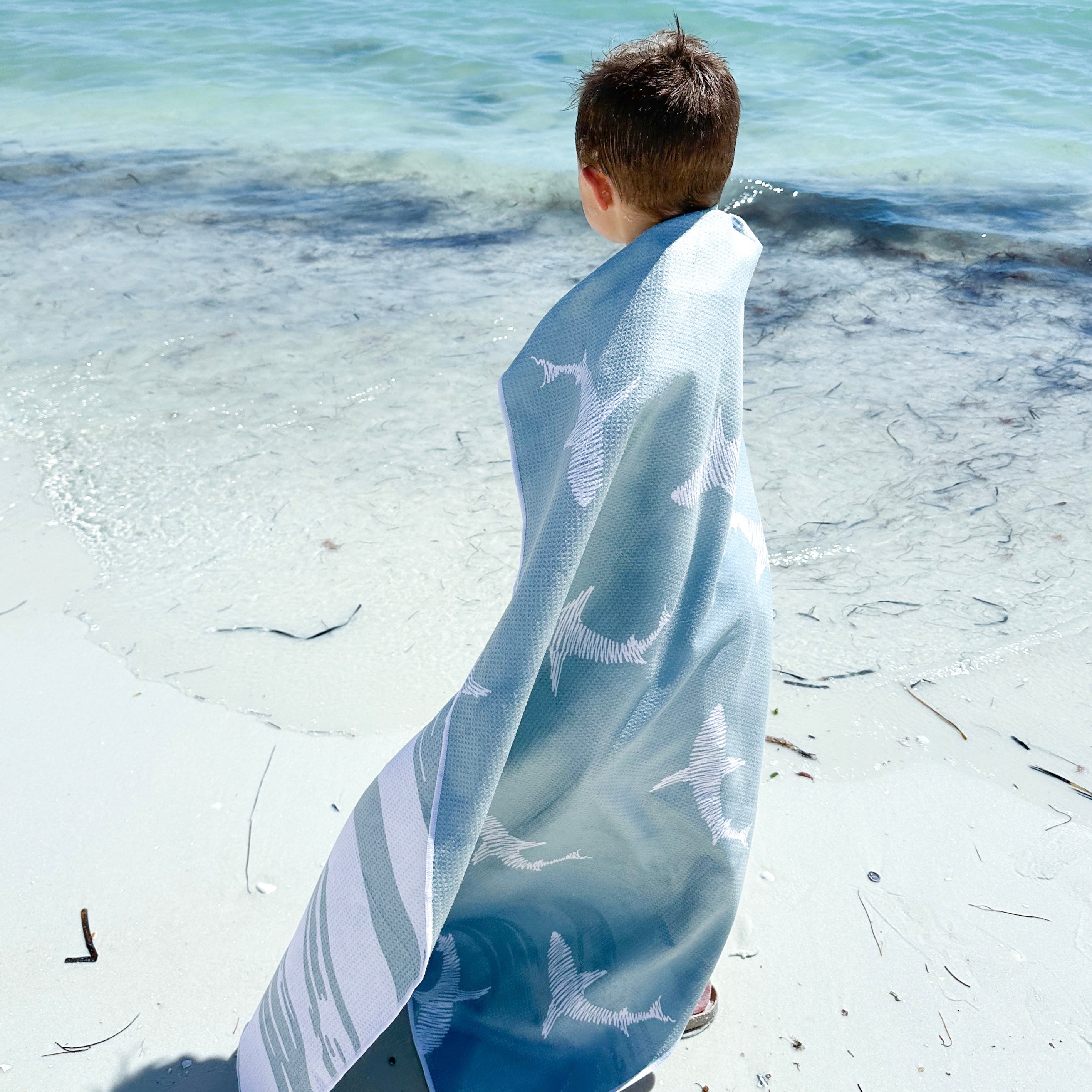 Boy wrapped in towel on beach